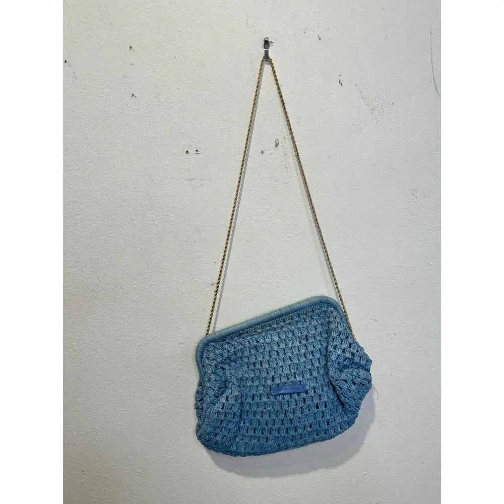 LOEFFLER RANDALL Light Blue Crochet Trudie Frame Gold Chain Clutch Purse Bag